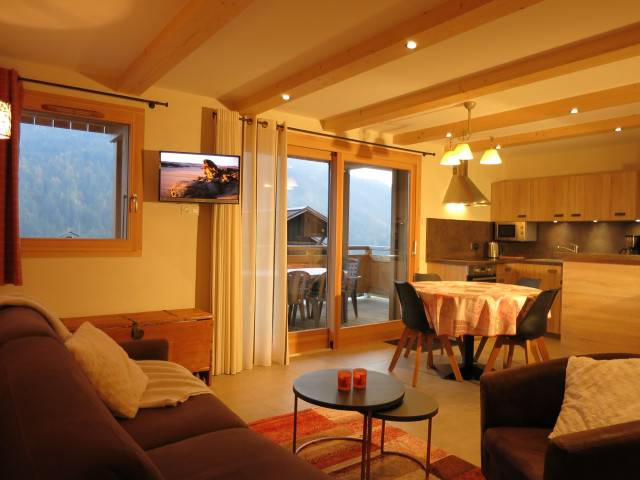 Séjour avec canapé et télévision/Living room with a sofa and a television-Boiseraie n°1-Le Grand-Bornand